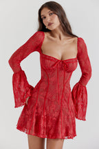Floral Lace Square Neck Tie Front Bell Sleeve Corset Bodice Mini Dress