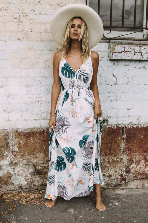Tropical Palm Leaf Print Halter Neck Sleeveless Maxi Dress