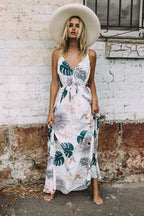 Tropical Palm Leaf Print Halter Neck Sleeveless Maxi Dress