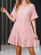 Sequins Pleated Multi-story Crew Neck Short Sleeve Mini&Short Dresses