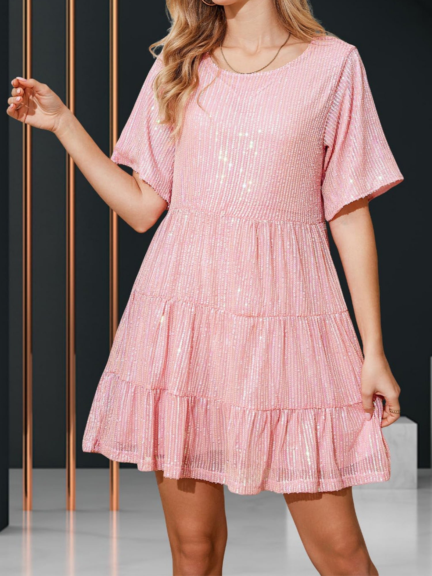 Sequins Pleated Multi-story Crew Neck Short Sleeve Mini&Short Dresses