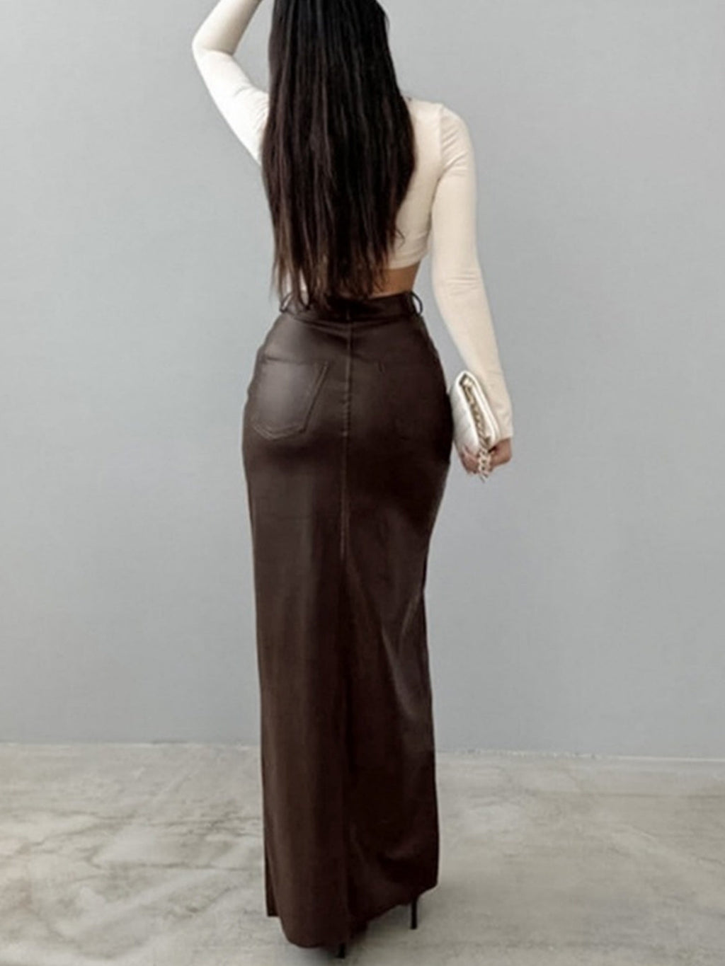 PU Leather High-waisted Slim Fit Hip Body Slit Longline Skirts