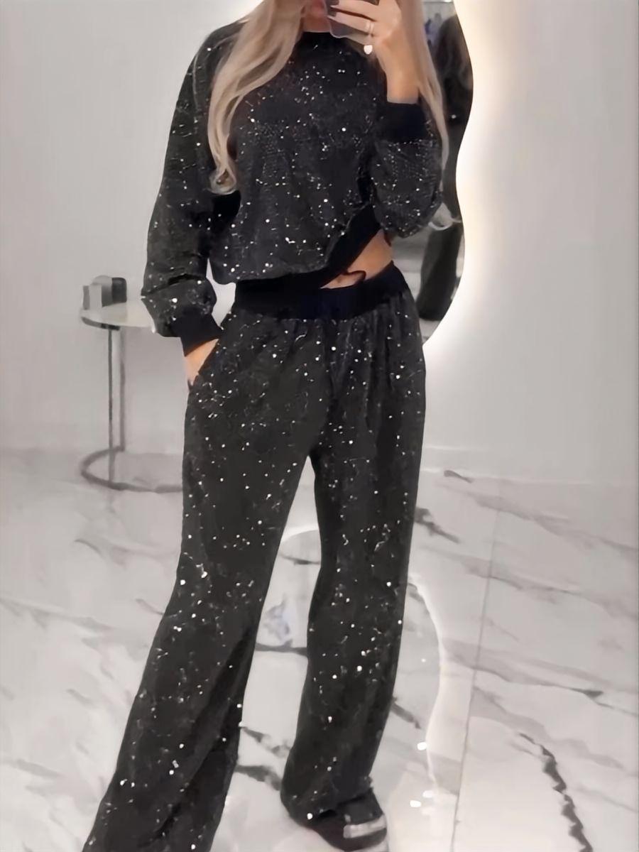 Sequined Long-sleeved Crew Neck Loose-fitting Hoodless Sweatshirt Top With Drawstring Wide-leg Pants 2-piece Sets