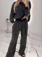 Sequined Long-sleeved Crew Neck Loose-fitting Hoodless Sweatshirt Top With Drawstring Wide-leg Pants 2-piece Sets
