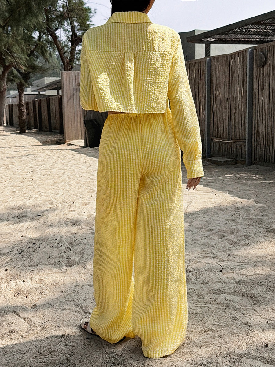 Yellow Casual Long-sleeved Button-down Shirt And Trousers Two-piece Set
