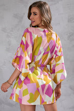 Deep V Neck Button Front Kimono Sleeve Drawstring Botanical Print Mini Dress