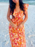 Ruffle V-neck Backless Strappy Maxi Dresses