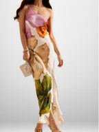 Elegant One-shoulder Halter Long Dress With Large Floral Print
