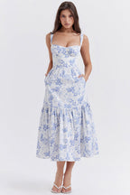 Floral Print Sweetheart Bustier Tie Strap Tiered Midi Dress
