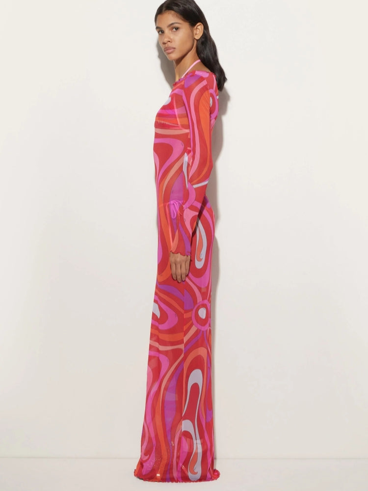 Lettuce Edge Boat Neck Long Sleeve Abstract Swirl Print Mesh Maxi Dress