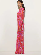 Lettuce Edge Boat Neck Long Sleeve Abstract Swirl Print Mesh Maxi Dress