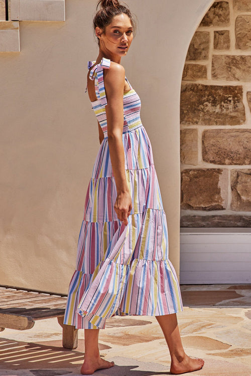 Floral Print Smocked Tie Shoulder Tiered Ruffle Maxi Dress