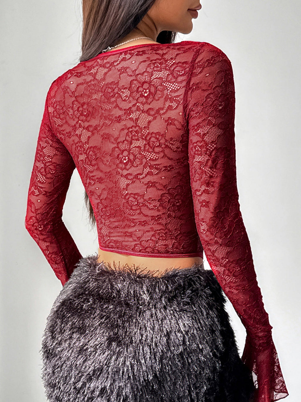 Lace Trim Fish Bones Long-sleeved T-shirt