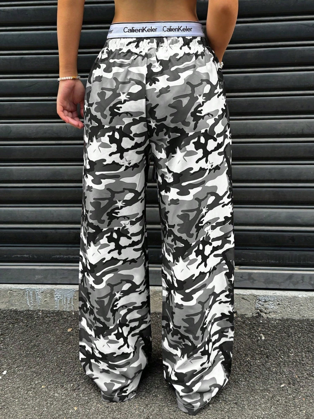 Camouflage Elastic Waistband Lace Up Pants