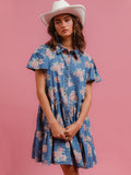 Denim Floral Print Collared Short-sleeved Shirt Buttons Shirt Dress
