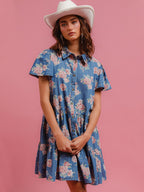 Denim Floral Print Collared Short-sleeved Shirt Buttons Shirt Dress