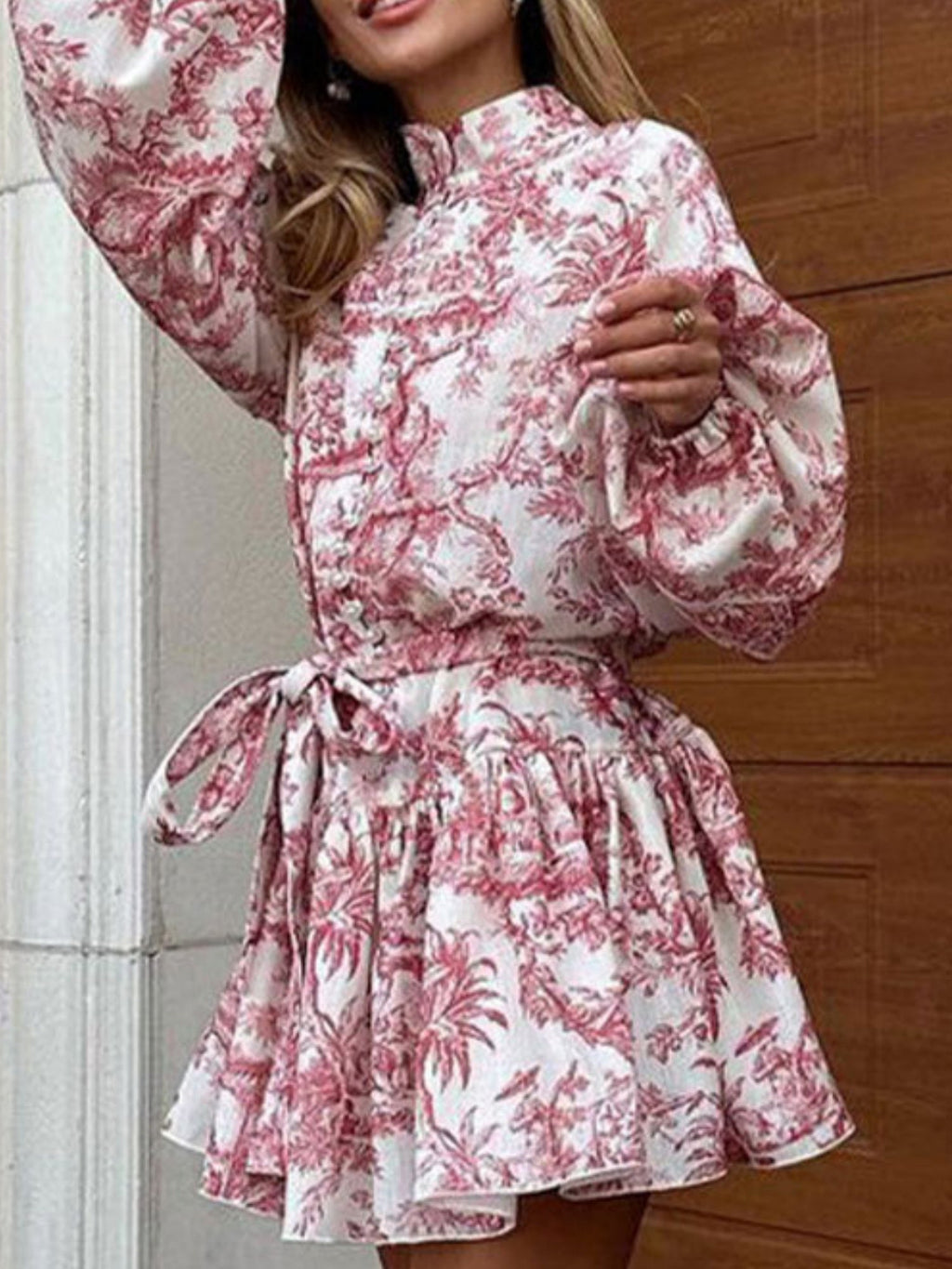 Printed Stand-up Collar Tie Balloon Sleeve Mini&Short Dresses
