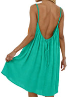 Ice Silk Linen Backless Halter Solid Color Midi Dress
