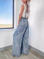 Washed Wide-leg Jumpsuit With Frayed Edges