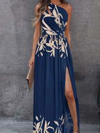 Botanical Print One Shoulder Cut Out High Slit Maxi Dress