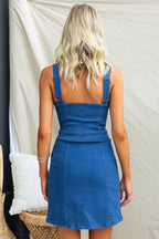 Scoop Neck Panel Seamed Front Zip Pocket Denim Bodycon Mini Dress