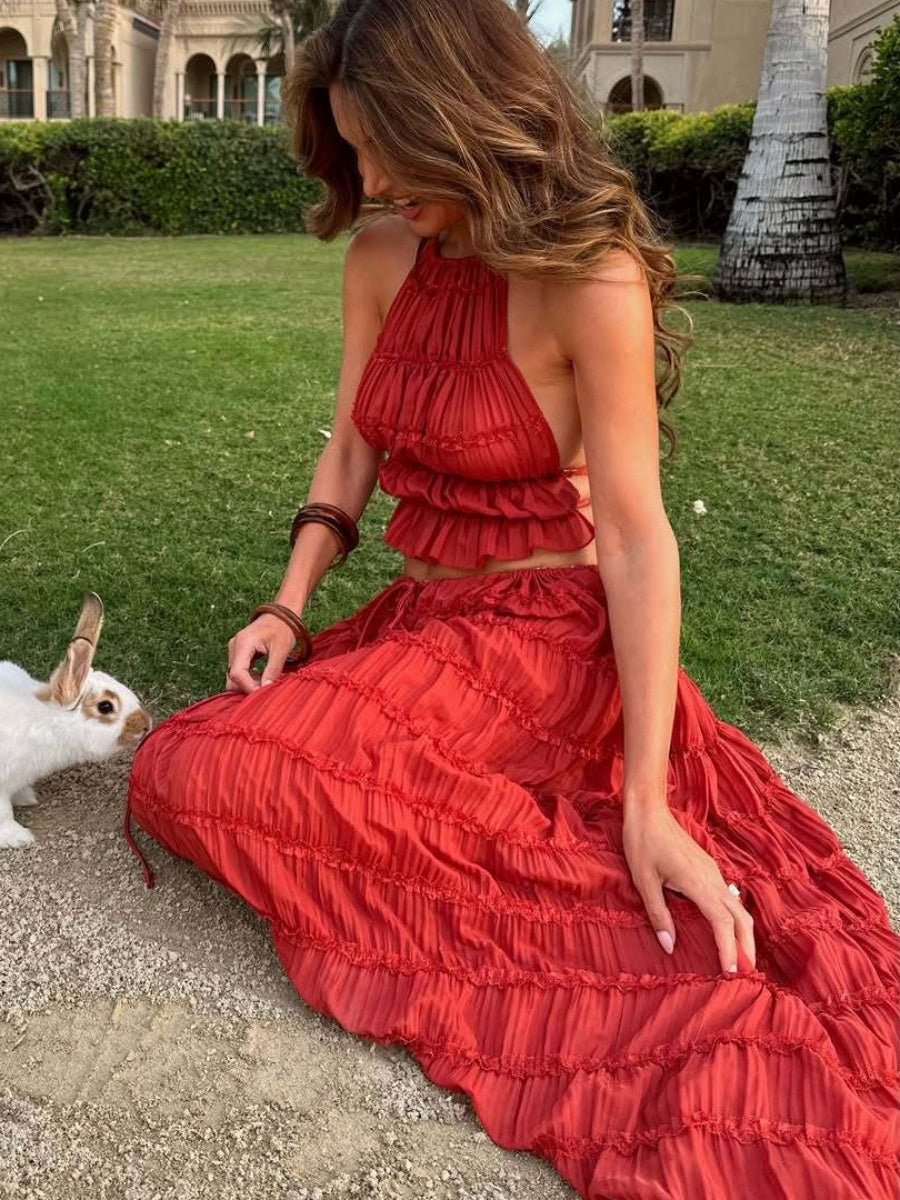Two-piece Set Of Backless Halter Neck Adjustable Sleeveless Long Dress For Vacation At The Beach