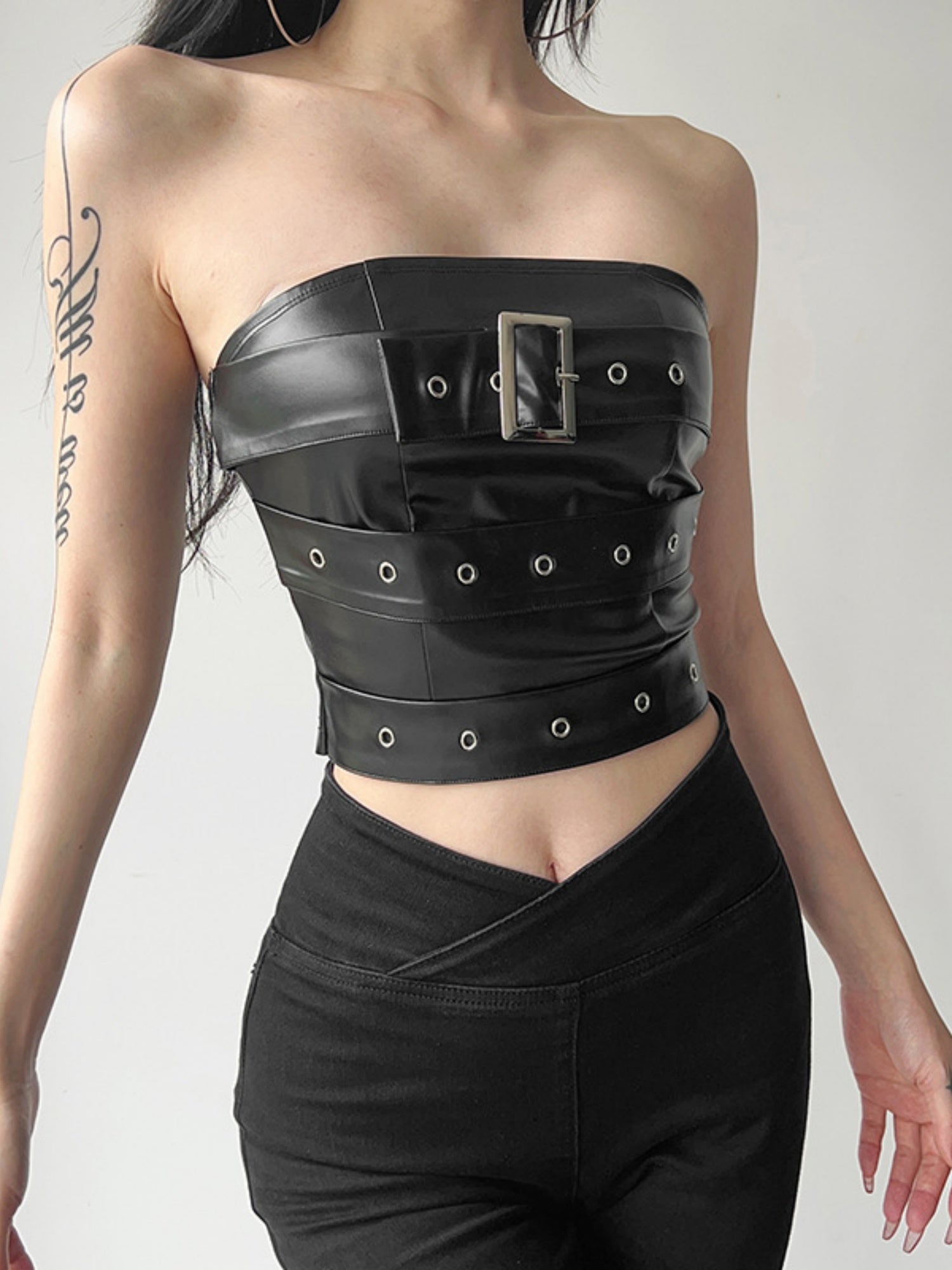 PU Leather Metal Buckle Decoration Strapless Vest