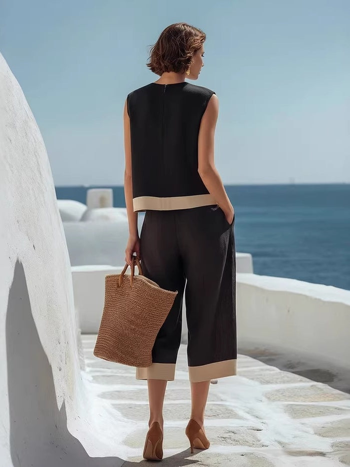 Color-blocked Cotton-linen Blend Bohemian-style Two-piece Set
