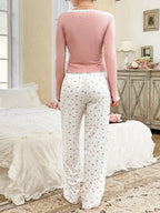 Lace-trimmed Round Neck Crown Print Long-sleeved Pajamas Set