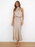 Satin Sleeveless Solid Color Halter Neck Long Dress