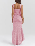 Jacquard Print Pleated Waist Spaghetti Strap Backless Mermaid Tail Maxi Dresses