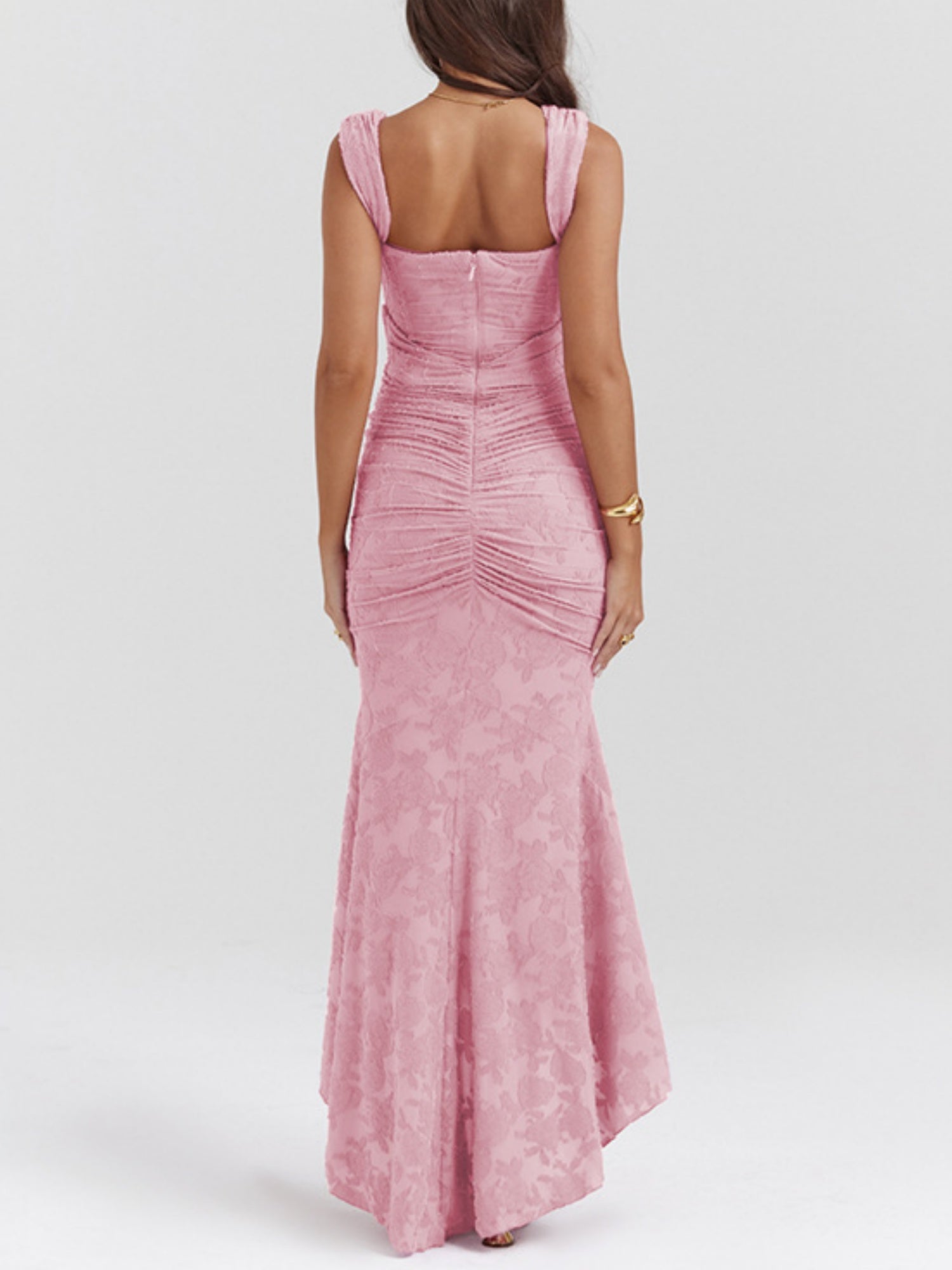 Jacquard Print Pleated Waist Spaghetti Strap Backless Mermaid Tail Maxi Dresses