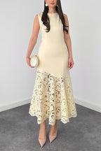 Boat Neck Sleeveless Lace Splice Midi Dress