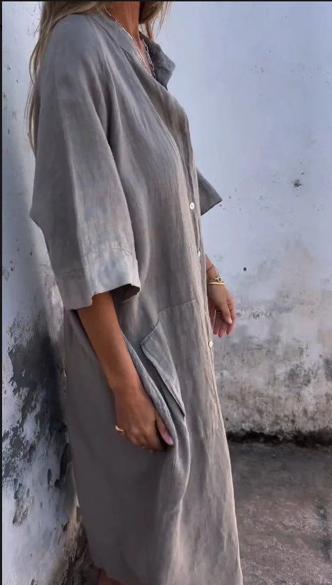 Mid-length Sleeve Cotton Linen Buttons Solid Color Midi Dresses