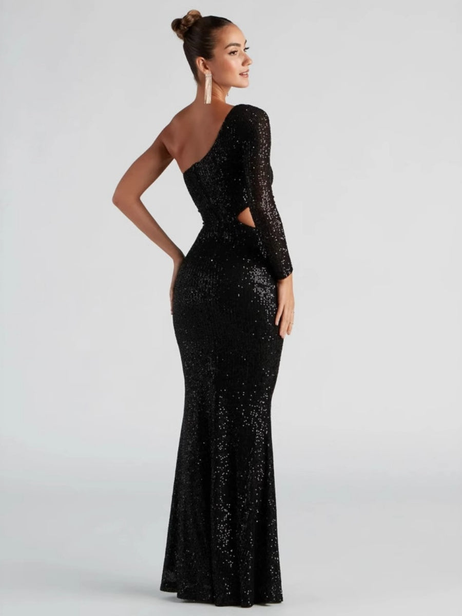 Sloping Shoulders Sequins Slit Temperament Grace Formal Dress Banquet Maxi Dresses