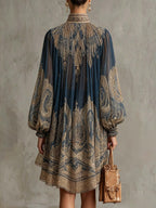 High-neck Printed Chiffon Loose-fitting Resort-style Shawl Long-sleeved Short Dress