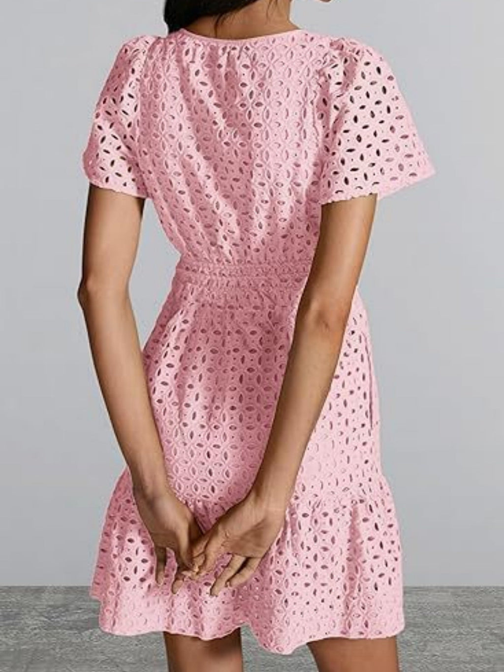 Lace Cutout V-neck Short Sleeve A-line Short Dress