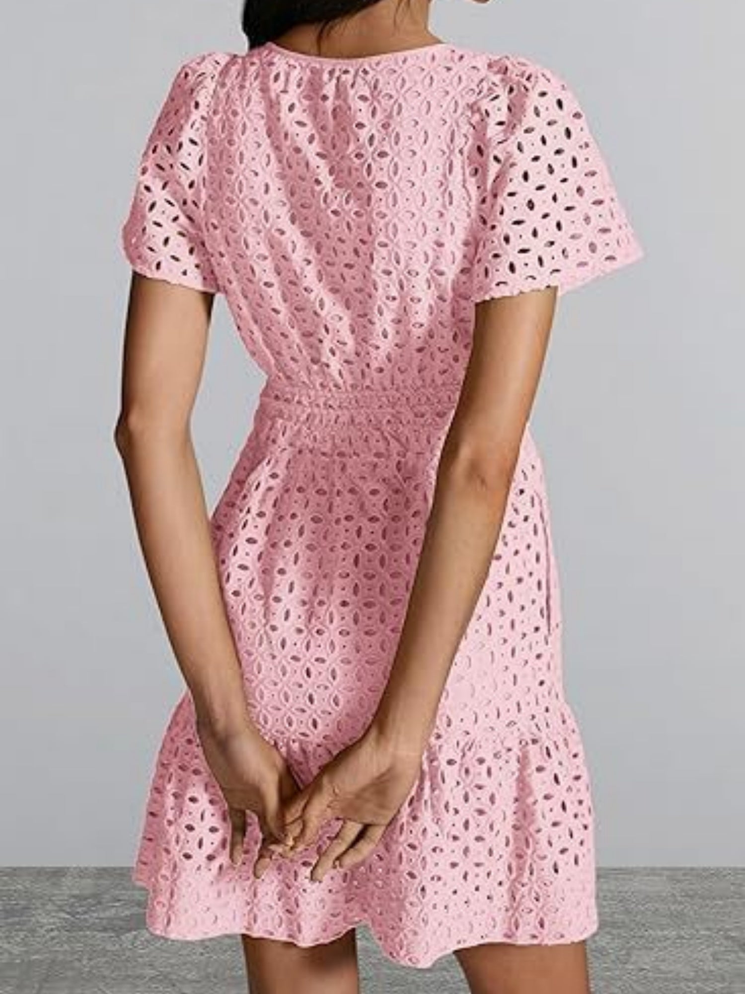 Lace Cutout V-neck Short Sleeve A-line Short Dress