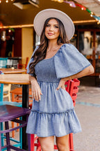 Square Neck Smocked Puff Sleeve Tiered Ruffle Hem Chambray Mini Dress
