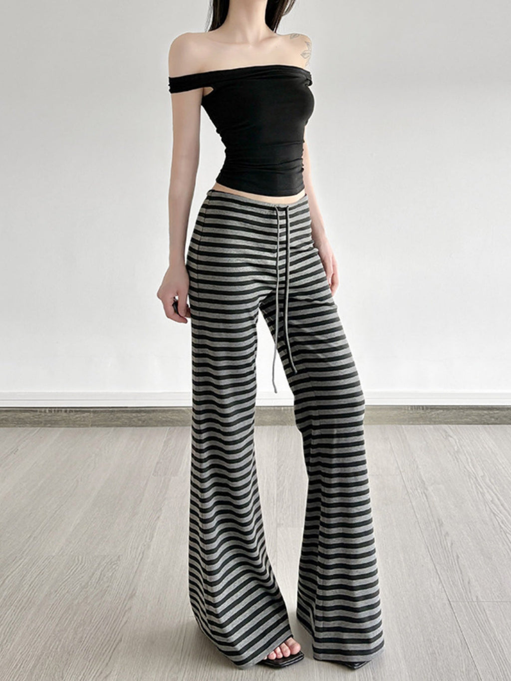 Striped Color Blocking Straps Flared Pants