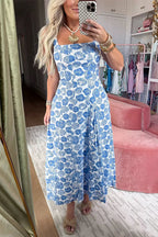 Square Neck Sleeveless Shell Print Pocketed Midi Dress