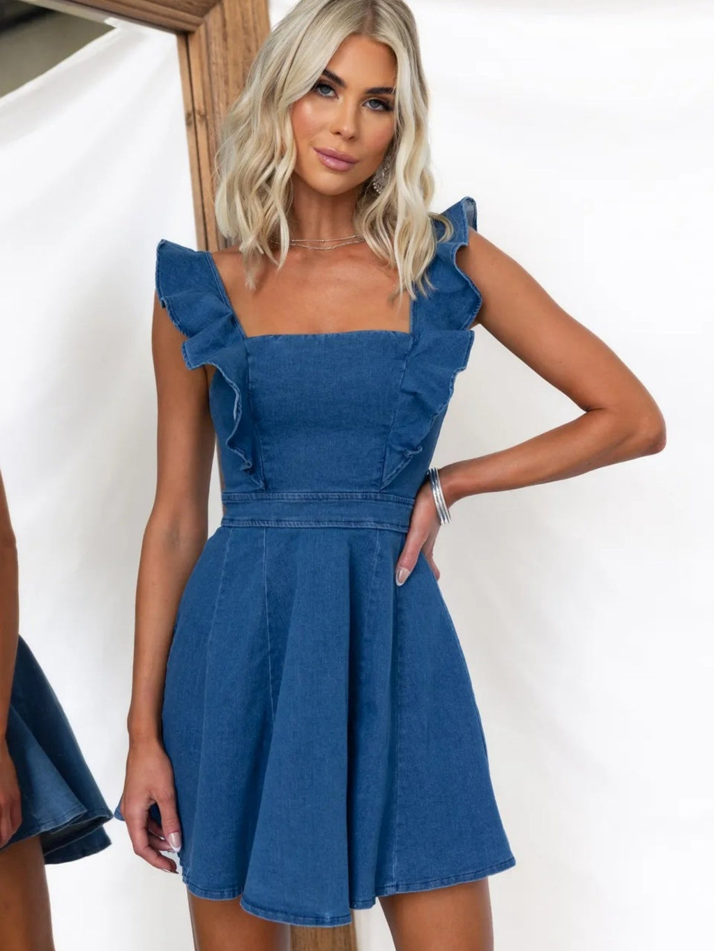 Denim Flying Sleeves Backless Mini&Short Dresses