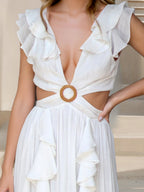 V-neck With Ruffles Backless And Waistless Hollowed-out Slit Back Strap Maxi Dresses