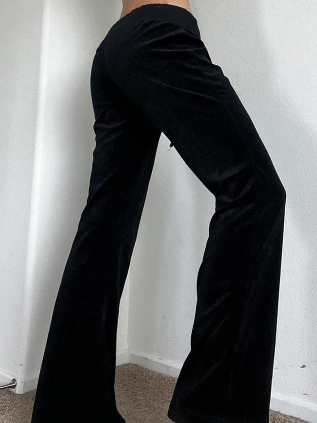 Star Rhinestones Ribbed Waistband Drawstring Low Waist Velvet Flared Pants