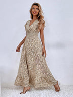 Floral Lotus Leaf Sleeves V-neck Vacation And Leisure Maxi Dresses