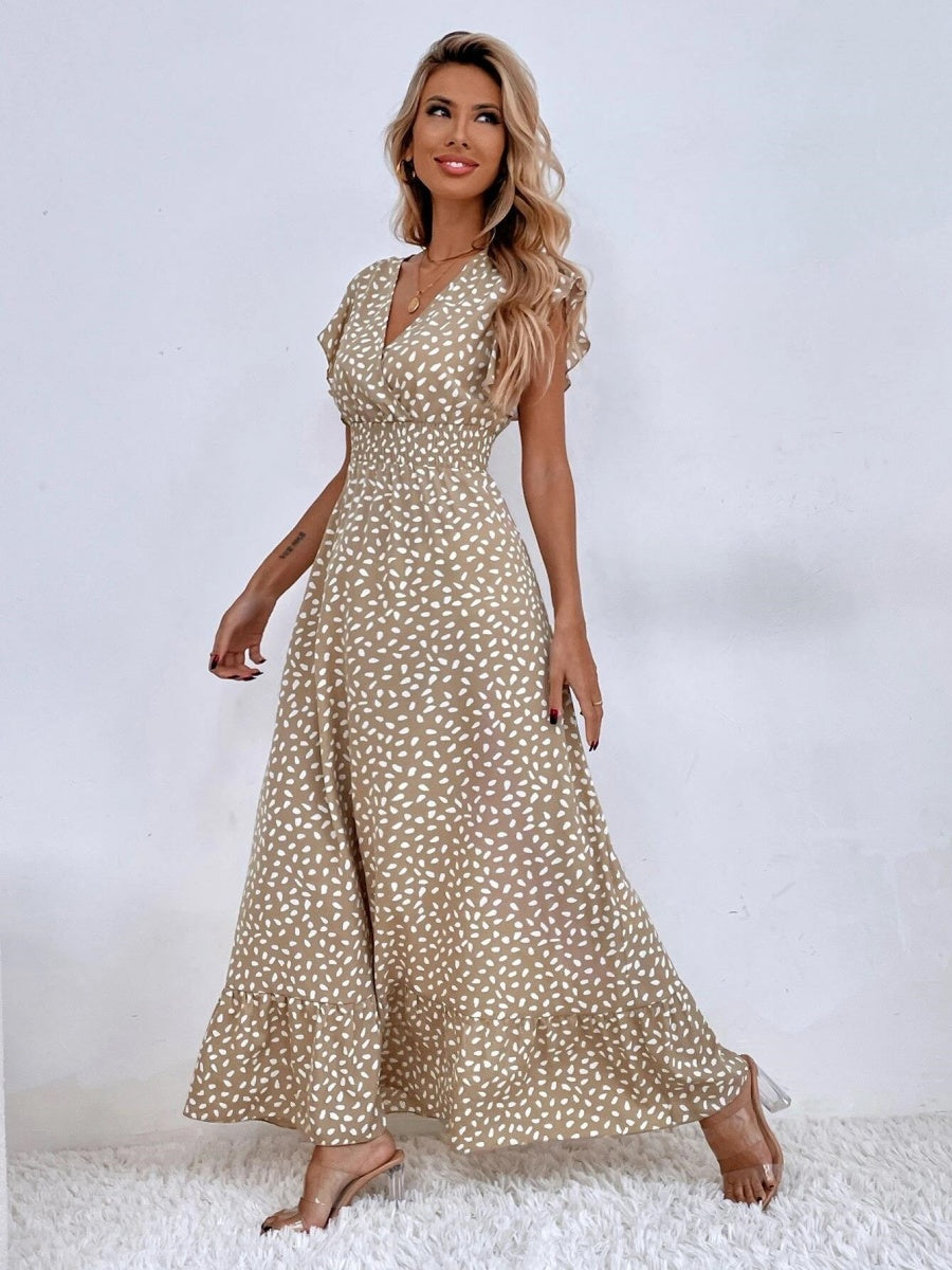 Floral Lotus Leaf Sleeves V-neck Vacation And Leisure Maxi Dresses