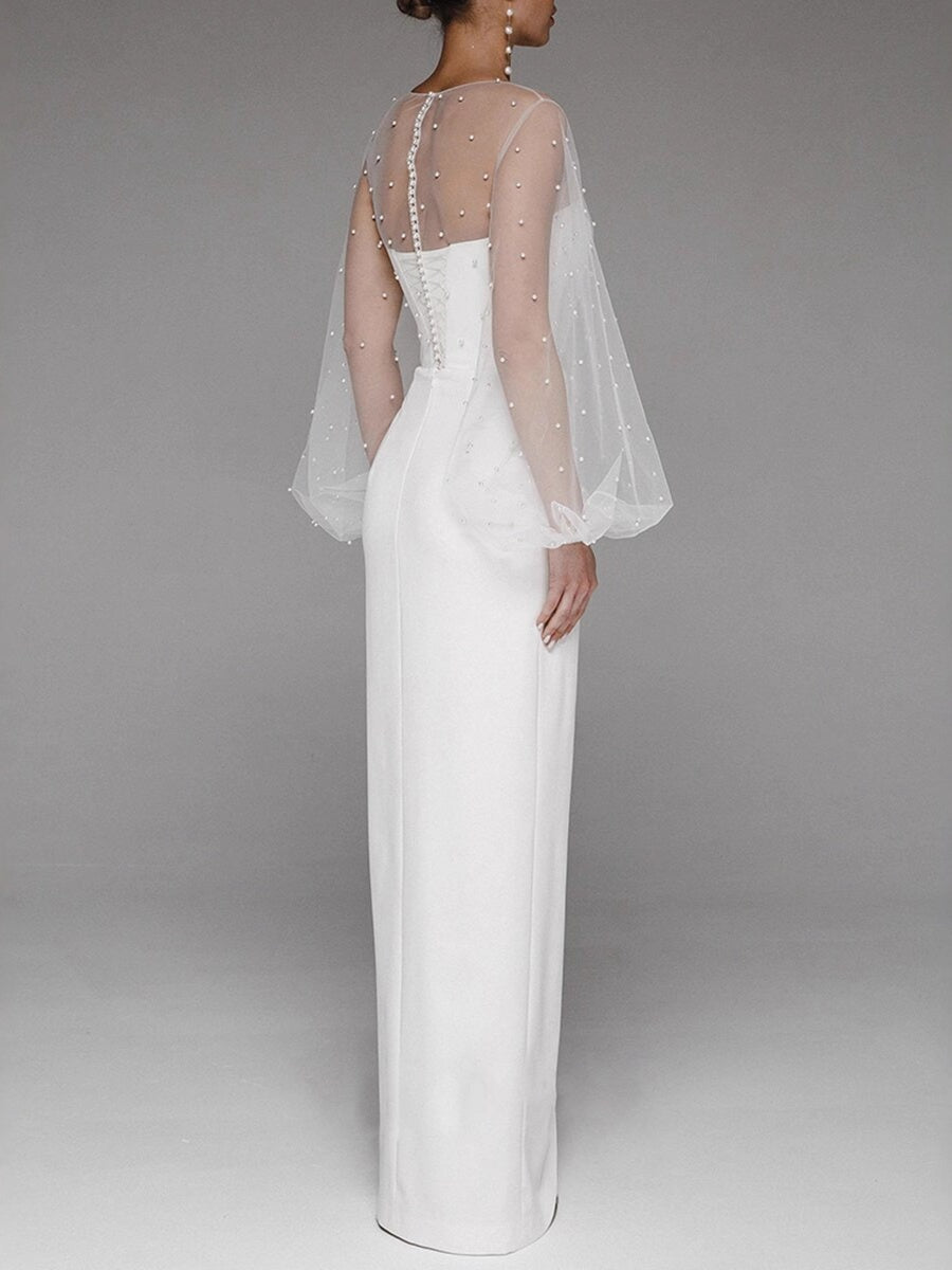 Pearl Mesh-paneled Sleeves Tube Top Maxi Dresses
