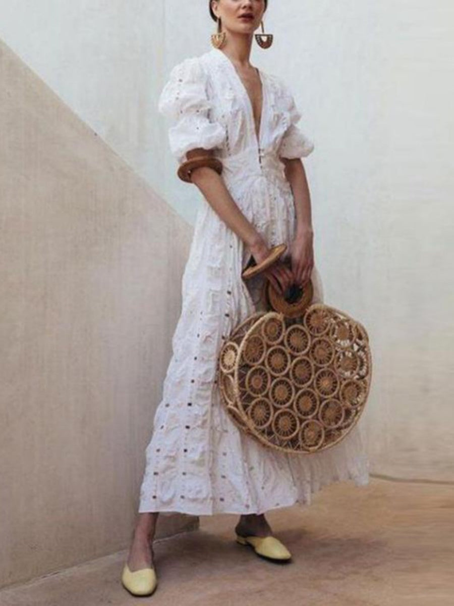 Deep V-neck Puff Sleeve Lace Cutout Long Dress