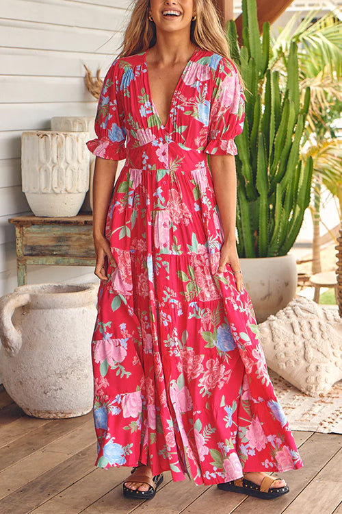 V Neck Button Up Floral Print Flowy Maxi Dress