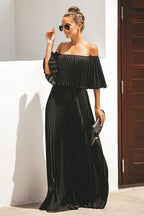 Off Shoulder Pleated Ruffle Overlay Accordion Pleat Maxi Dress